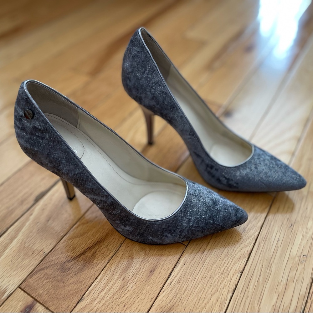 Calvin Klein Grey Metallic Velvet Stiletto Heels with Pointed Toe, Size 6